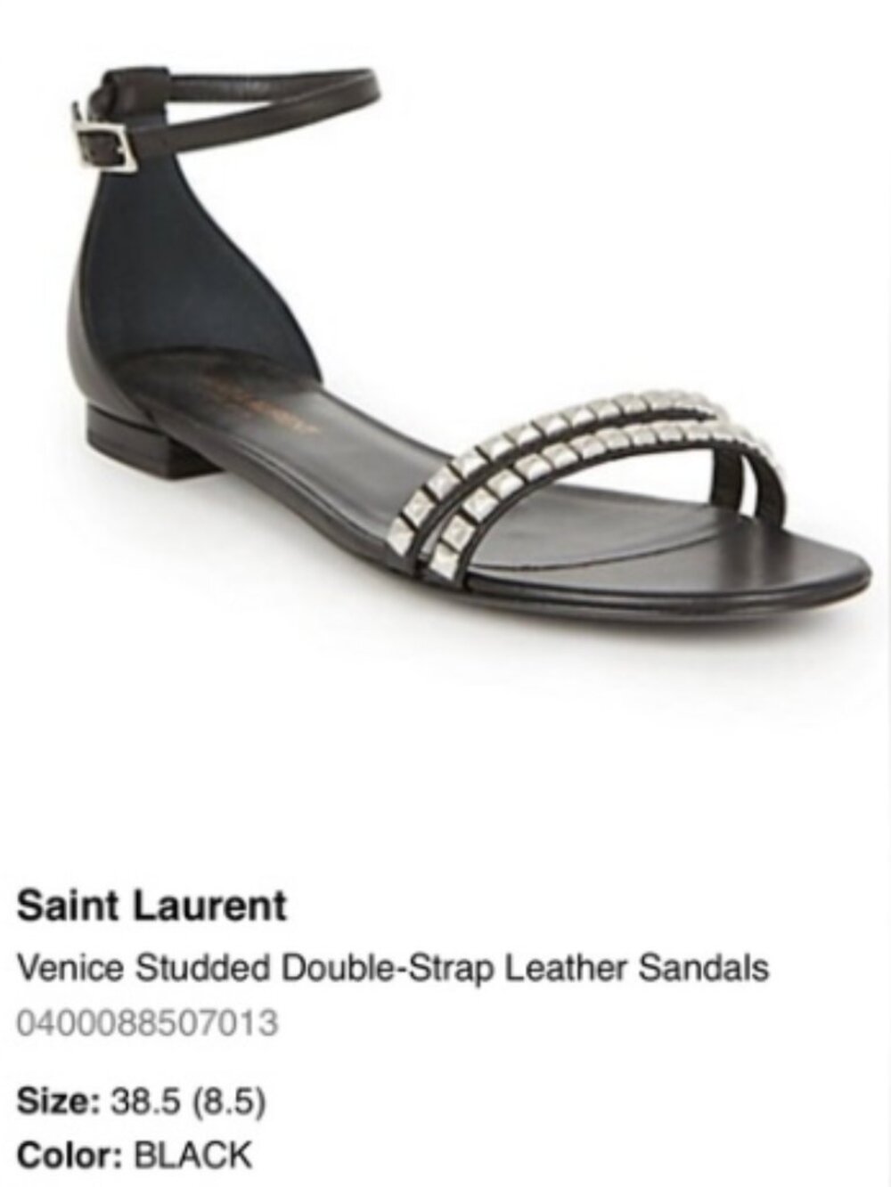 Saint Laurent Venice Double-Strap Black Leather Studded Sandals 37/ US 7 - Picture 2 of 9